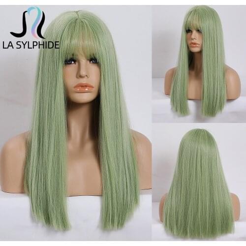 La Sylphide Synthetic Wig Long Straight Light Green Hair Wigs with Bangs for Black White Woman Daily Party Use Heat Resistant