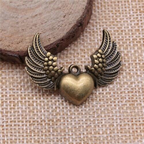 WYSIWYG 4pcs 36x27mm Vintage Heart With Angel Wing Charms For Jewelry Making Antique Bronze Heart Wing Charms