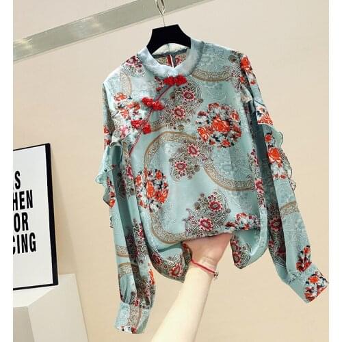 Chinese Retro Design 2021 Autumn Womens Flouncing Long Sleeves Floral Shirts Ladies Casual Shirt Blouse Tops A3677