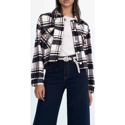 ZA shirt 2021 autumn new womens clothing Hong Kong style all-match lapel long-sleeved plaid short casual shirt jacket