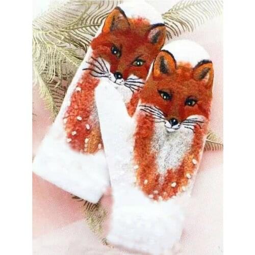 Womens Winter Cartoon Print Gloves Cashmere Padded Animal Print Warm Gloves Color Matching Mittens guantes de femmes перчатки