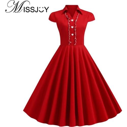 MISSJOY 2019 Summer Retro Red Dresses Women Elegant Cotton Button Cap Sleeves Knee-Length Patchwork Pleat V-Neck Vintage Party
