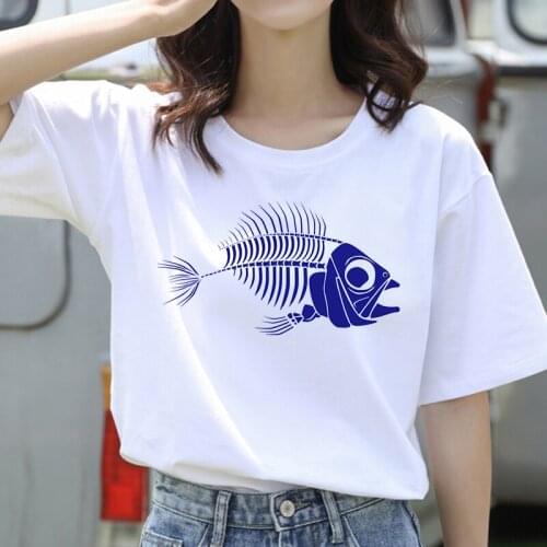 90S Fashion Women Harajuku Funny FishboneCartoon Printed T Shirt Casual Short Sleeve Womens T-shirt Soft Female T shirt