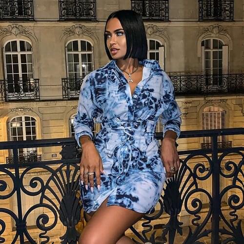 Free Shipping New Style Ladies Dress Fashion Tie Dye Printed Waist Bandage Girdle Shirt Dress Women