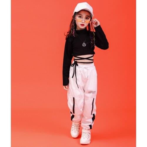 Black T-Shirt Top Crop Pants Girls Jazz Dance Costume Ballroom Dancing Clothes Children Hip Hop Clothing Kids Clothes Bb50