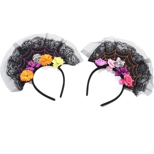 Adult Kids Day of The Dead Spiderweb Headband Artificial Flower Skull Halloween Hair Hoop Lace Mesh Cosplay Headpiece