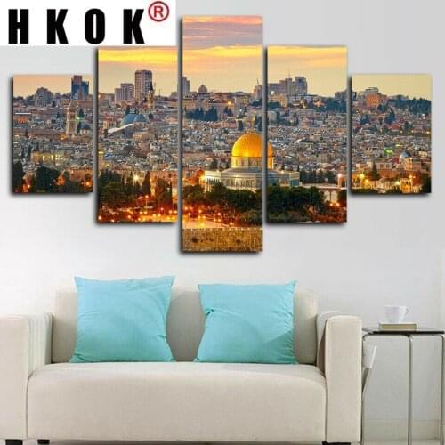 HKOK Jerusalem View Islamic 5 Panel Canvas Picture Print Wall Art Canvas Painting Wall Decor for Living Room Poster No Framed