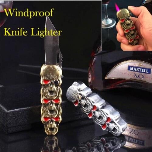 Skull Head Creative Windproof Butane Lighter Multifunctional Belt Knife Outdoor Survival Camping Tool Cigarette Lighter