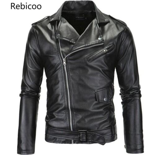 New Casual Slim Mens Spring Autumn Leather Jacket Fashion Men Zipper Solid Color Male PU Leather Motorcycle Jacket Coats