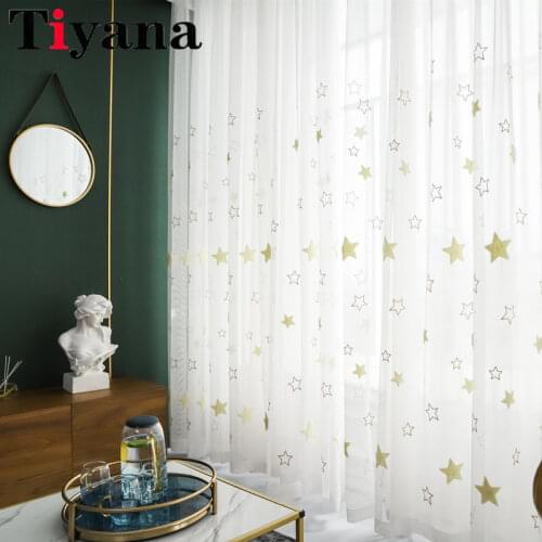 Cartoon Embroidered Yellow Star Tulle Curtains for Living Room Transparent Mesh Tulle Curtains for Children Room JK105Y