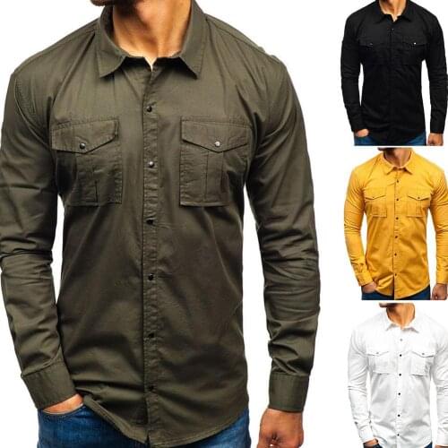 Fashion Men Long Shirt Sleeve Solid Color Multi-Pockets button Slim Turn Down Collar Shirt Top Mens Clothing