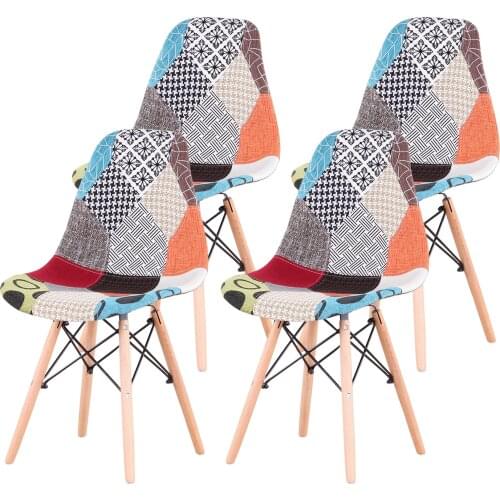 A Set of 4 Nordic Medieval Style Patchwork Frabic Dining Chairs, Beech Wood Foot Metal Bracket, Suitable for Kitchen Dining room