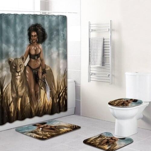 African Girls Style Printed Bathroom Rug Set Four-piece Absorbent Non-slip Mat Waterproof Polyester Fabric Shower Curtains
