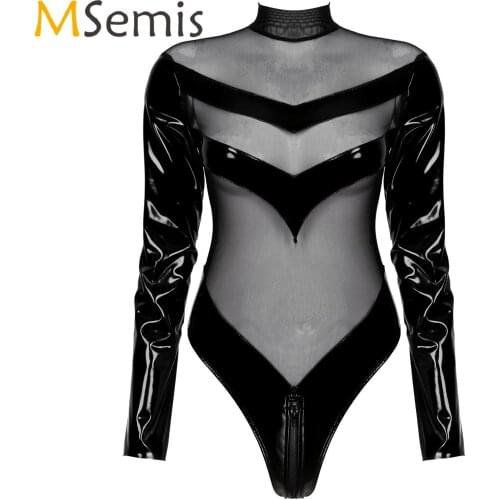 Lingerie Sexy See-through Bodysuit Womens Mesh Patchwork Patent Leather Clubwear Zipper Back Mock Neck Catsuit Leotard Clubwear