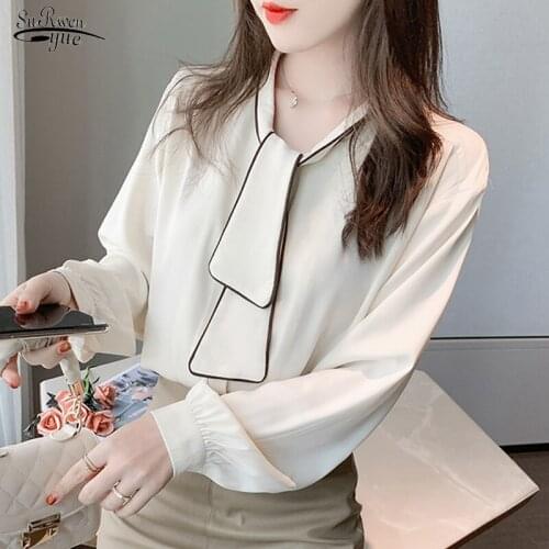 Office Lady Long Sleeve Solid Female Shirts with Tie 2021 New Fashion Chiffon Blouse Women Plus Size Puff Sleeve Clothing 13046