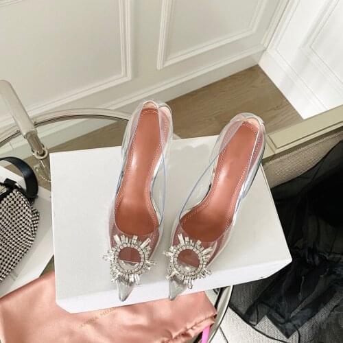 Transparent ladies sweet wedding shoes ladies high heels sunflower drill buckle closed toe wine heels
