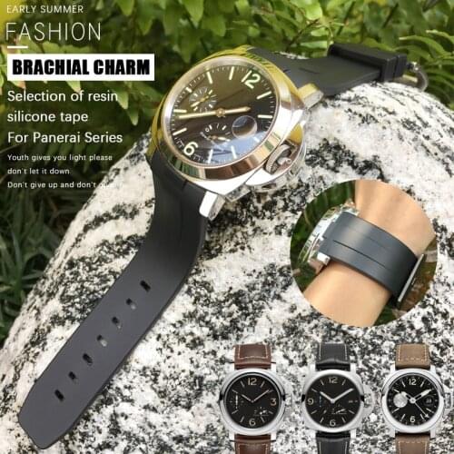 24mm Curved End Rubber Silicone Watch band Fit for PANERAI PAM441/312/359 Black Green Red Steel Pin buckle strap mens Bracelets