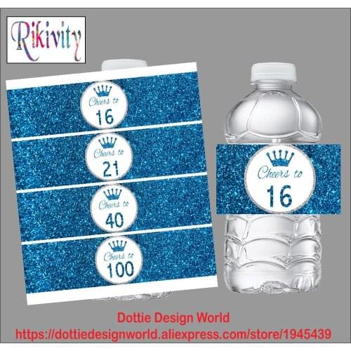 Rikivity Glitzy Faux Blue Cheers 21 Sweet 16 Water Bottle Wine Labels Candy Bar Wrapper Stickers Birthday Party Decoration Favor