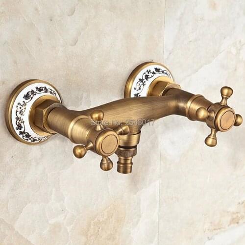 Bathroom Shower Faucet Double Handle Wall Mount Washing Machine Tap Laundry Faucet Hot and Cold Ancient Porcelain Faucet ZR019