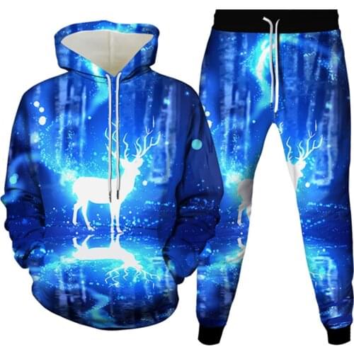 Spring Autumn Mens Harajuku Galaxy Animal Deer Print Tracksuit Women Hooded Sweatshirt Trousers 2Pcs Suits Casual Outfits S-6XL