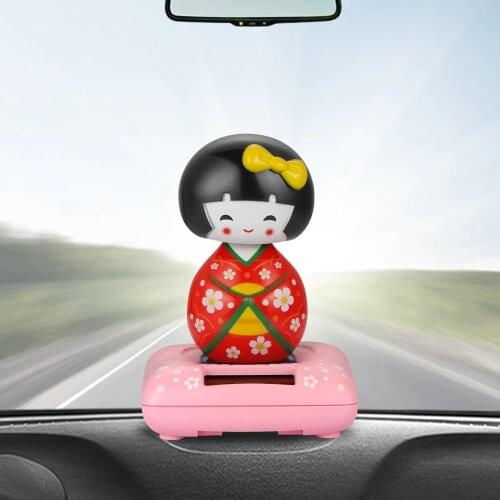 Car Ornaments Cute Japanese Girl Solar Swinging Shaking Head Doll Automobile Dashboard Decoration Toys Auto Interior Decor Gifts
