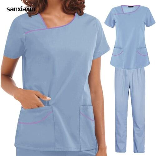 Nursing Uniform with Pocket Medical Surgical Uniforms Pet Grooming Institution Doctor Costume Women V-Neck Tops+Pants Scrubs Set