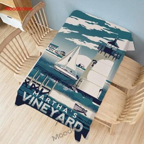 Summer Beach Lighthouse Hawaii Style Scene Vintage Poster US Landscape Kitchen Table Cover Home Decorative Dinning Tablecloth