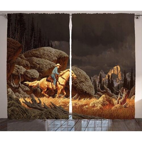 Western Curtains A Rock Mountain Landscape with a Cowboy Riding Horse North America Style Living Room Bedroom Window Drapes