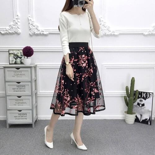 15 Colors Lace Stitching Perspective Hollow A-line Mesh Printing Knee Length High Waist Skirt Fairy Women Summer Wear