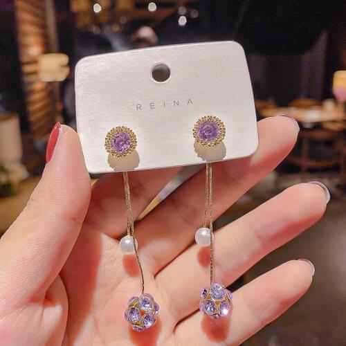 Korean Earrings Fashion Jewelry Purple Peach Heart Simulation Pearl Tassel Statement Earrings Long Earrings For Women Pendientes