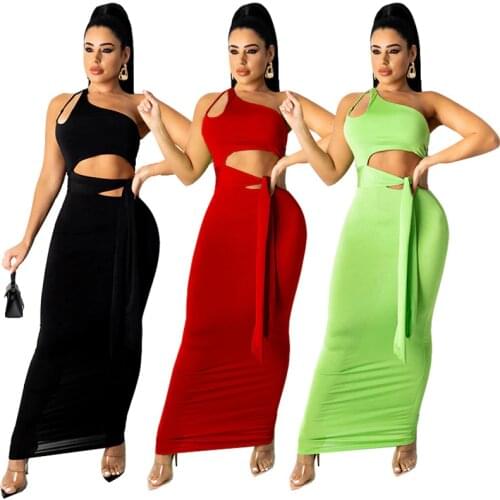 2021 Summer Solid Dress For Women One Shoulder Sleeveless Bowtie Hollow Out Long Maxi Dress Casual Fitness Bodycon Club Wear