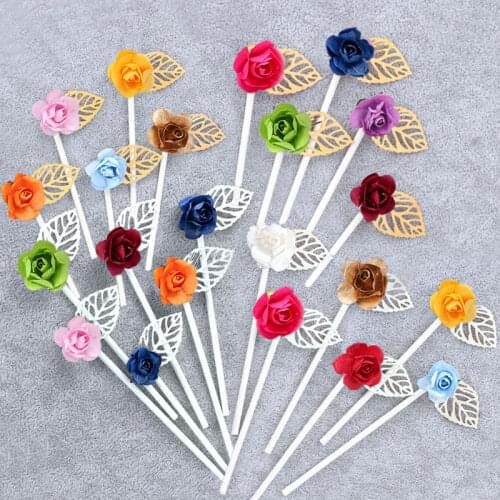 6pcs/set Artificial Rose Flower Leaves Cake Topper Wedding Party Cupcake Pudding Cake Flag Decoration DIY Party Baking Supplies