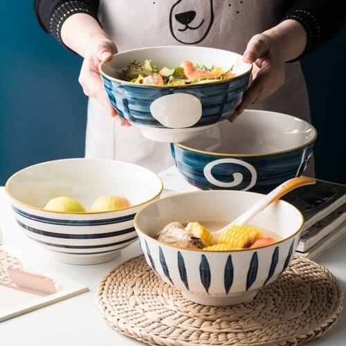 8 Inch Japanese Style Ceramic Soup Noodle Bowl Dessert Fruit Salad Mixing Bowl Rice Bowl with Spoon Household Tableware Set