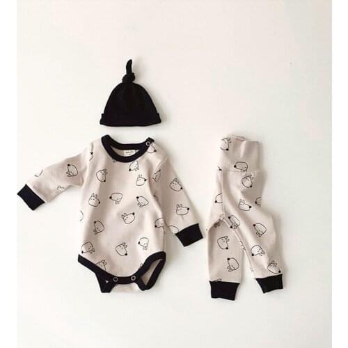 8392 Cartoon Dog Printed Baby Home Suit Newborn 6m Baby Pajamas Suit Two Piece Set With Hat Long Sleeve Cotton Romper And Pants