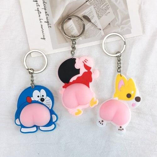 Anime Crayon Shin Chan Funny Keychain Doraemon Silicone Buttocks Bumper Kawaii Dog Corgi Cartoon Silica Gel Pendant Kids Toys
