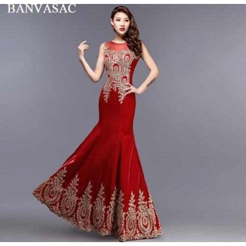 BANVASAC 2018 Illusion O Neck Crystal Mermaid Long Evening Dresses Elegant Party Lace Appliques Tank Prom Gowns