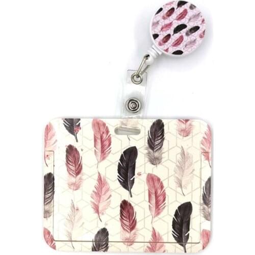 Black Pink Leaves Feathers Card Holder Women Men Business Lanyard Badge Card Case Women Card Cover Student Lanyard Card Bags