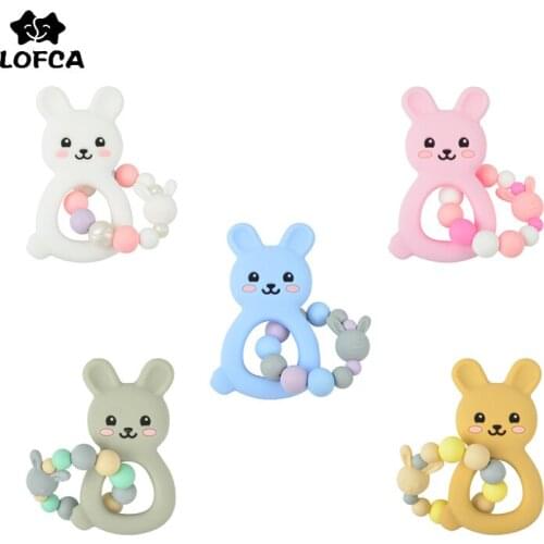 LOFCA Baby Teether Cartoon Rabbit Silicone Bracelet Pacifier Clip Chain Silicone Bead Food Grade Baby Teething Toy Nursing Gift