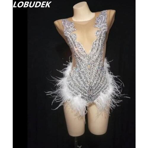 Sparkly Rhinestones Pearl White Feather Bodysuit Sexy Transparent Dance Leotard Nightclub Party Bar Show Performance Stage Wear