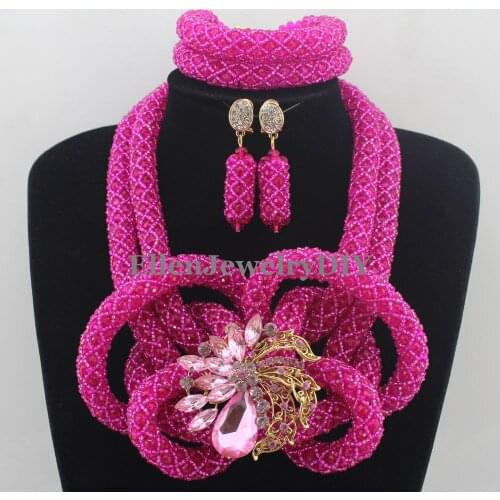 Hot Pink African beads Jewelry Sets Costume Nigerian Wedding Bridal beads Necklaces Beaded Jewelry Set W12817