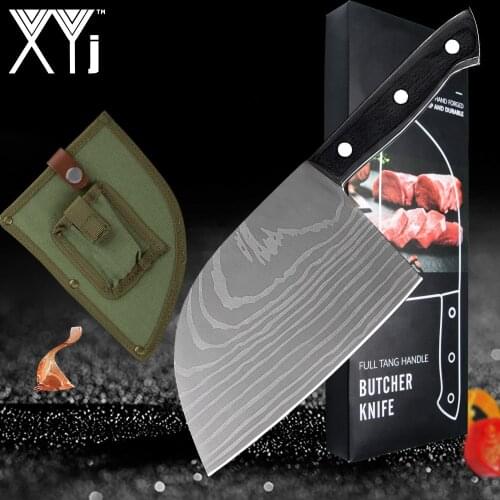 XYj Chinese Kitchen Butcher Knives Handmade Laser Damascus Pattern Camping Serbian Chef Knife Gift Covers Sheath Exquisite Box