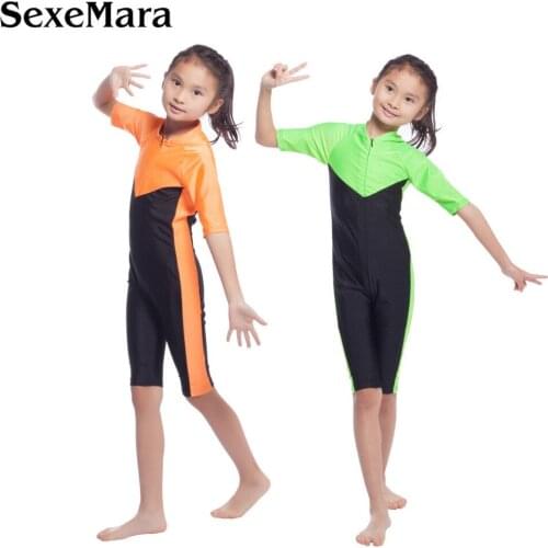 2019 Swimsuit For Muslim Young Girls Front Zipper One piece Short Sleeve Islamic Swimwear For hijabs Islam girl Beach Wear Hijab
