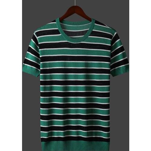 2021 New Fashion Summer Men Short Sleeves Ice Silk Sweater Top Striped Pullover Male Hollow Out T Shirt Slim Fit Knitted Tee W94