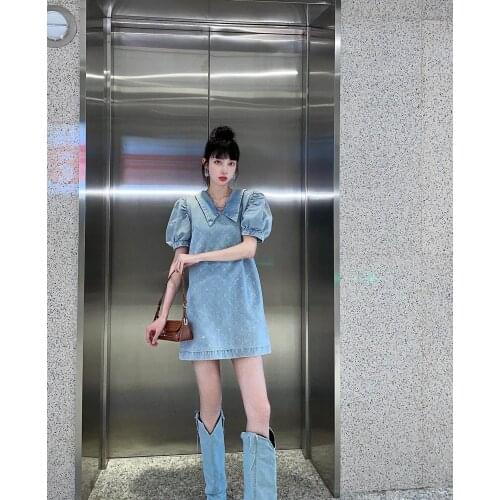 Summer New 2021SS Women Bling Diamonds Puff Sleeve Denim Slim Dress For Ladies Ddxgz2 7.08