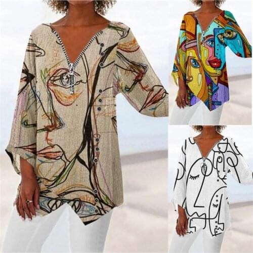 2021 Autumn Winter Printed Irregular Hem Tops Loose Zipper Long Sleeve T-shirt Casual Plus Size Womens Clothing V-neck Tshirt