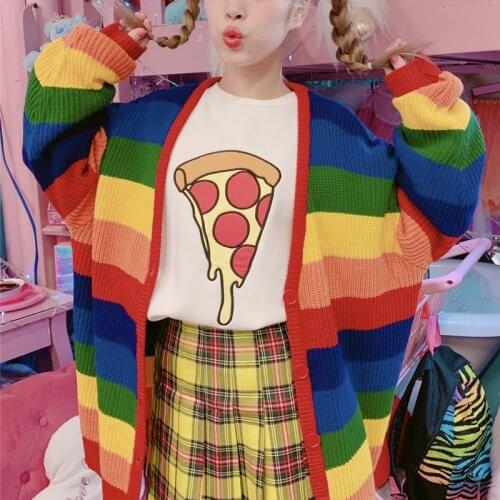 Girls Lolita style autumn cardigan long sweaters rainbow colorful single breasted loose casual sweet knitted coat for lady women