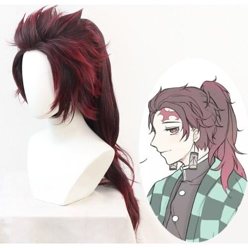 Anime Demon Slayer Kimetsu No Yaiba Cosplay Wigs Tanjirou Kamado Long Hair Wig +Free Wig Cap