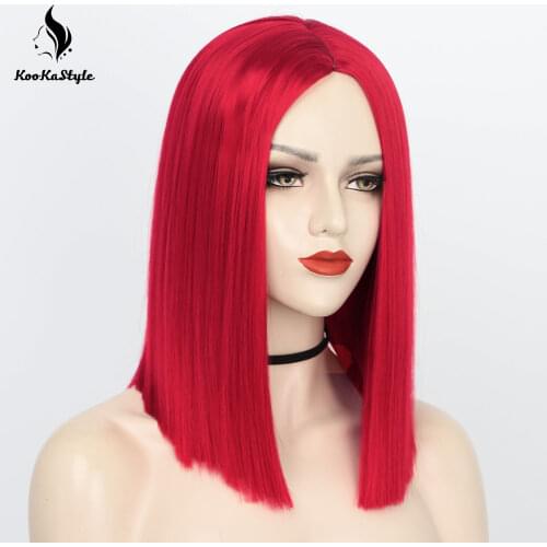 KooKaStyle Short Bob Wigs Synthetic Straight Bob Wigs for Women Red/Pink/Yellow Cosplay Wigs Middle Part for Brizian Party Hair
