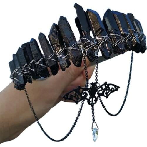 Princess Raw Crystal Plating Headband Witch Bat Chain Star Forehead Pendant Hair Hoop Halloween Party Crown Headpiece