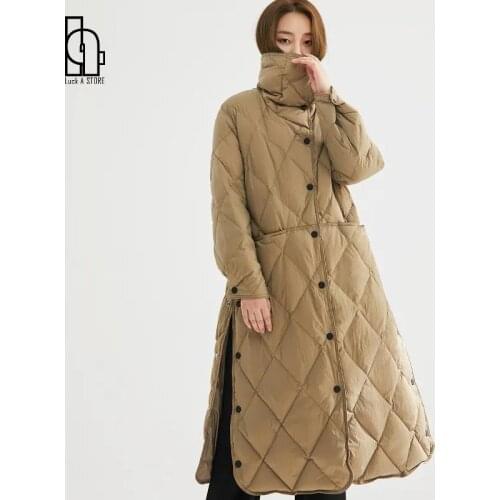 Luck A 2021 Women Solid Single Breasted 90% White Duck Down Coats Female Design Rhombus Patter Parkas Female Elegant Outerwear
